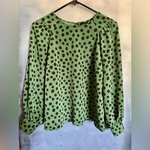 Who What Wear Green Blouse with Black Polka Dots